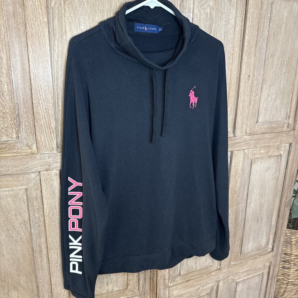 Polo Ralph Lauren Pink Pony Black Mock Neck Graphic Sleeve Sweatshirt XL